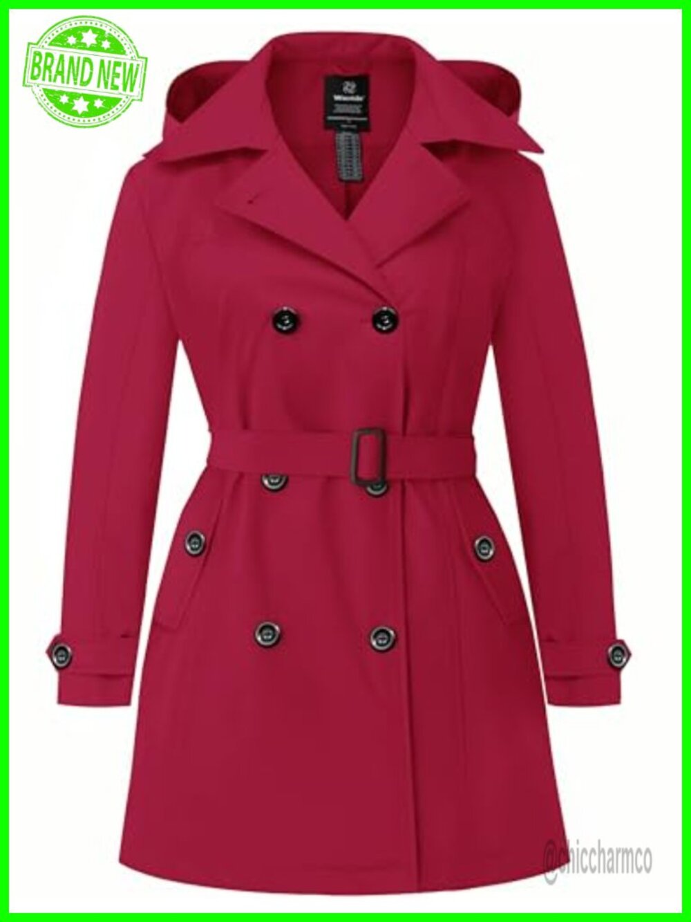 Plus Size Waterproof Trench Coat with Hood Double Breasted Belted Overcoat